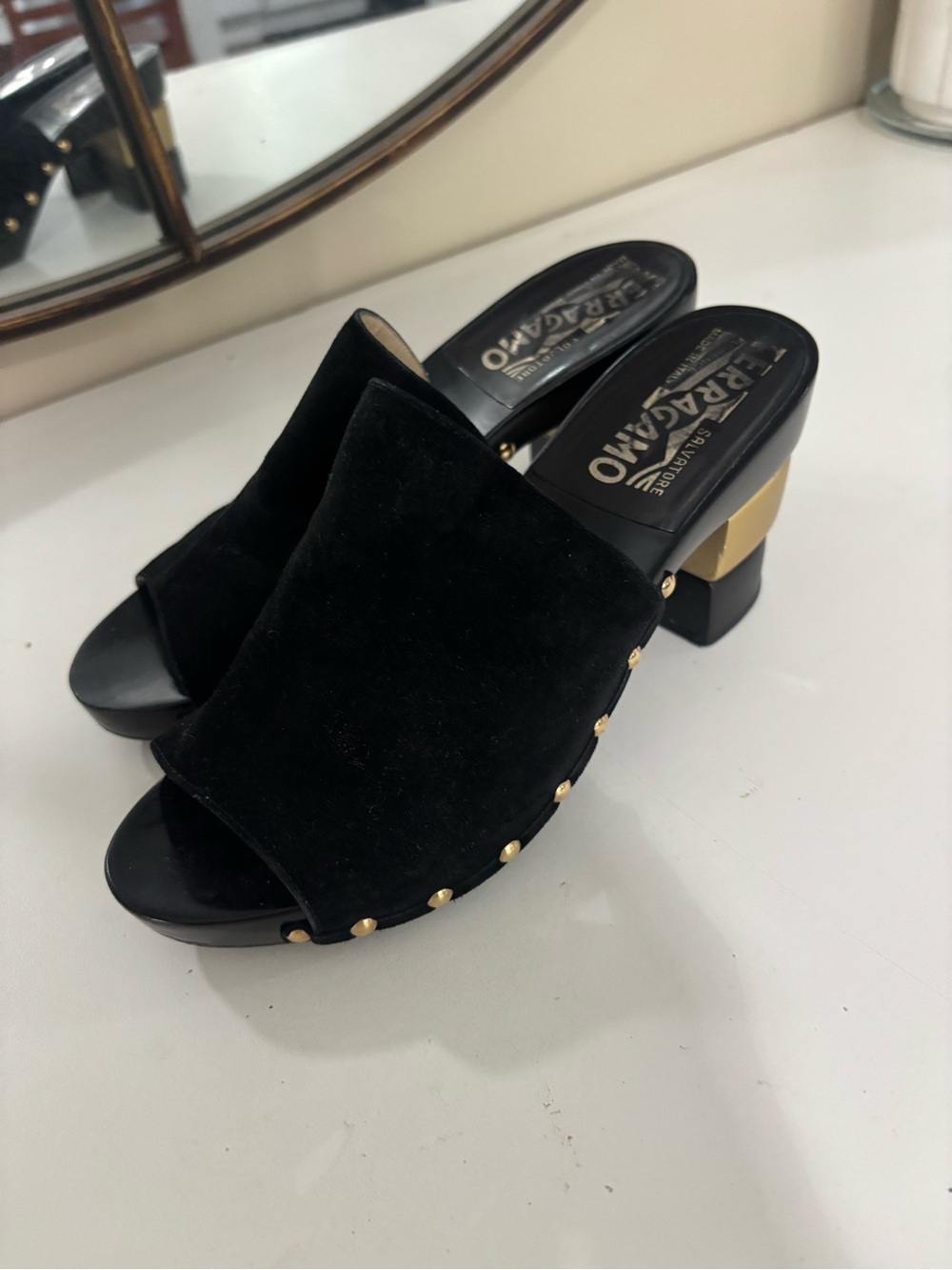 Salvatore Ferragamo Black Suede Studded Mule Sandals with Gold Accent Heel